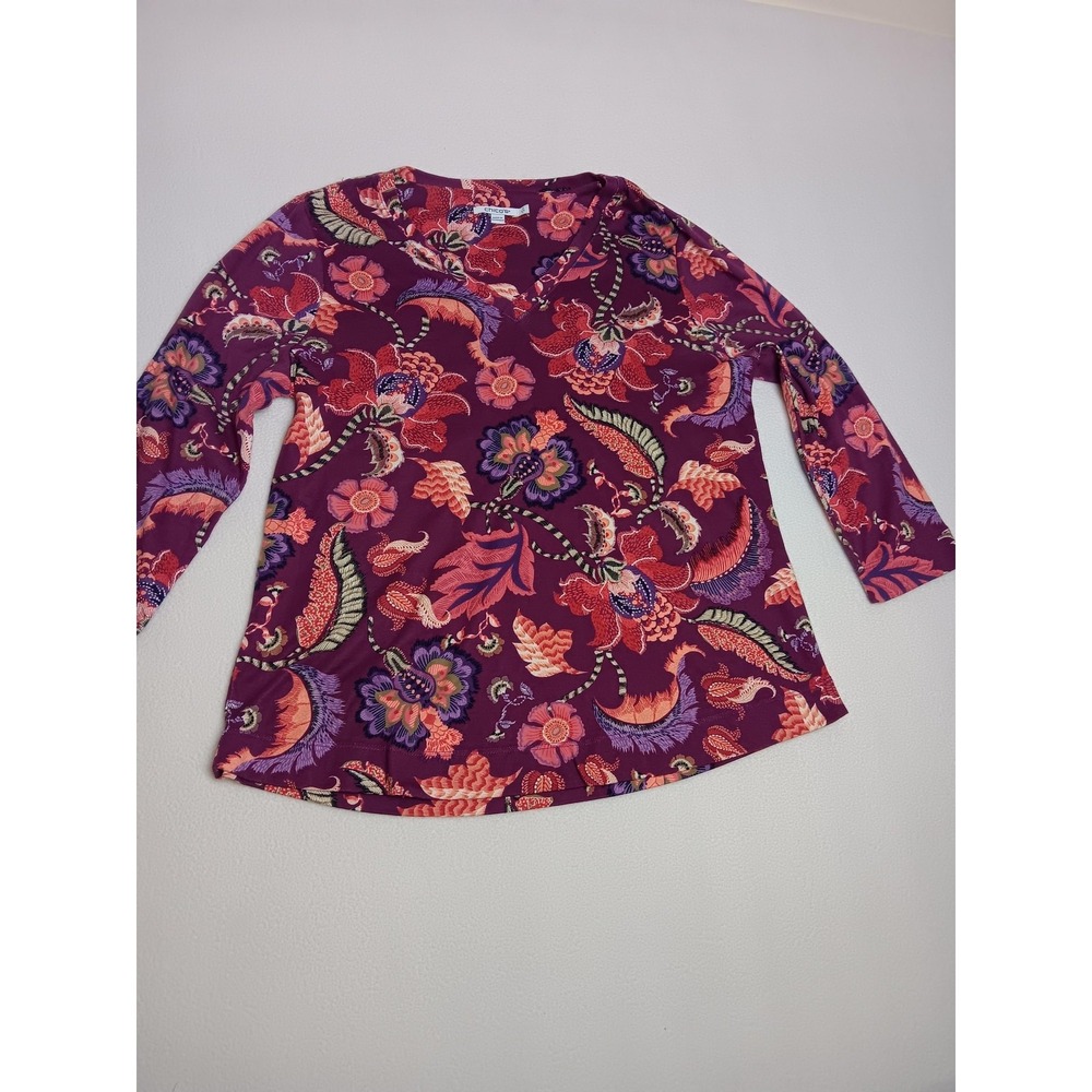 Chico's Shirt Womens Large Multicolor Floral V-Neck‎ 3/4 Sleeve Jersey Top